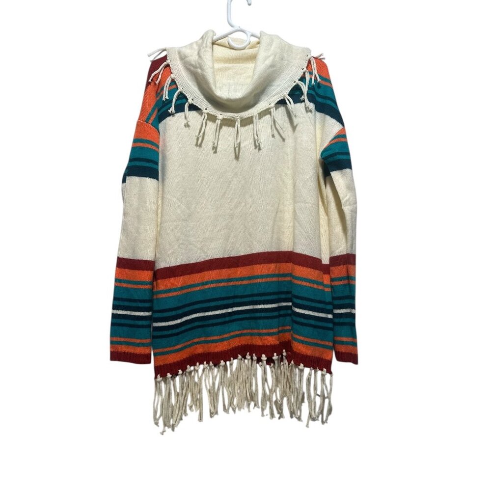 Panhandle Aztec Stripes Fringe Sweater Women XL Cowl Neck Western Bohemian Rodeo